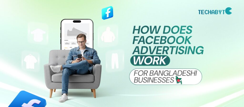 A man sitting on a couch using his smartphone for online shopping, with Facebook icons and product illustrations in the background, representing how Facebook advertising works for businesses in Bangladesh.
