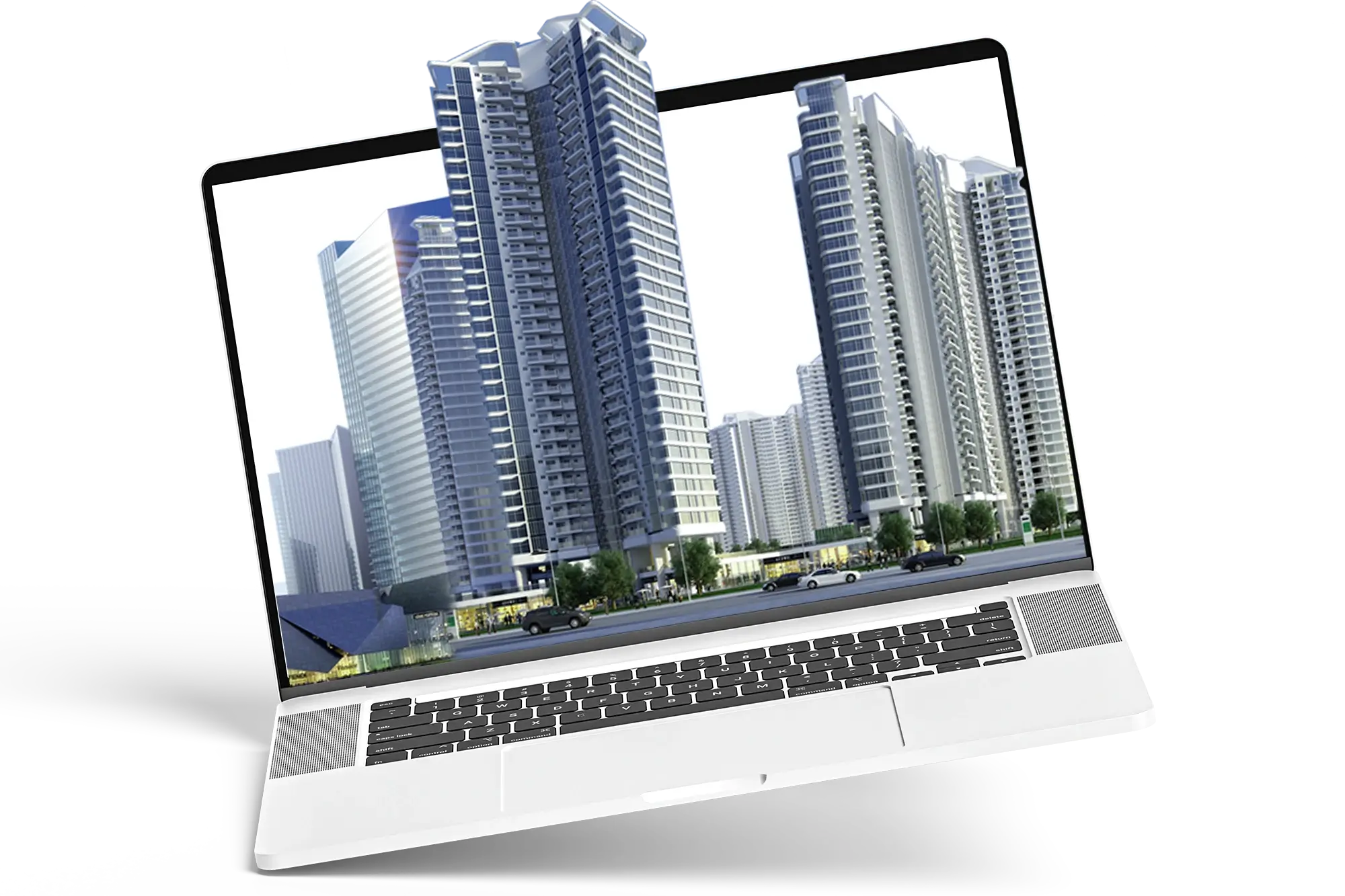 Modern high-rise buildings displayed on a laptop screen representing digital marketing for real estate agents
