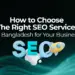 Text saying How to Choose the Right SEO Services in Bangladesh for Your Business with the word SEO and a rocket illustration.