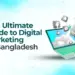 The Ultimate Guide to Digital Marketing in Bangladesh cover image featuring a laptop with a rocket launching and social media icons like Facebook, Twitter, Instagram, and YouTube.