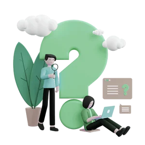 3D illustration of people searching for answers with a large question mark.