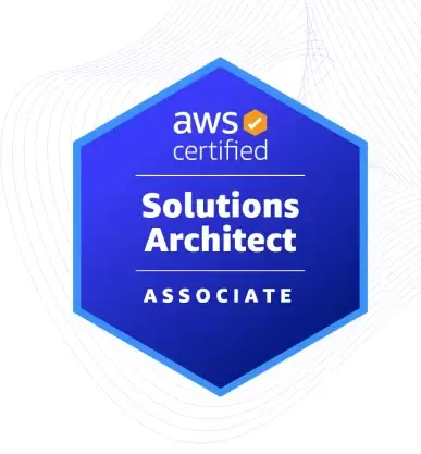 Blue AWS Certified Solutions Architect Associate badge with checkmark logo.