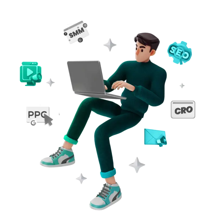 Illustration of digital marketing services with person and laptop, icons for SEO, SMM, PPC.