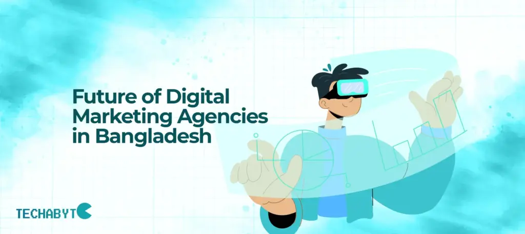 A person wearing a VR headset interacting with a holographic graph, representing the future of digital marketing agencies in Bangladesh, created by Techabyte