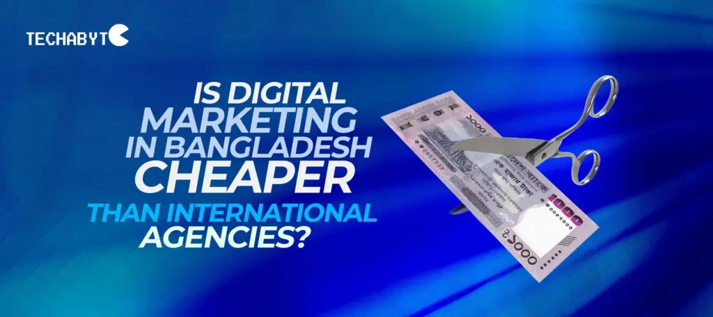Comparison of digital marketing costs in Bangladesh versus international agencies with a Bangladeshi Taka note being cut by scissors.