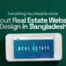 A promotional image for a real estate website design guide in Bangladesh, featuring a tablet displaying a 