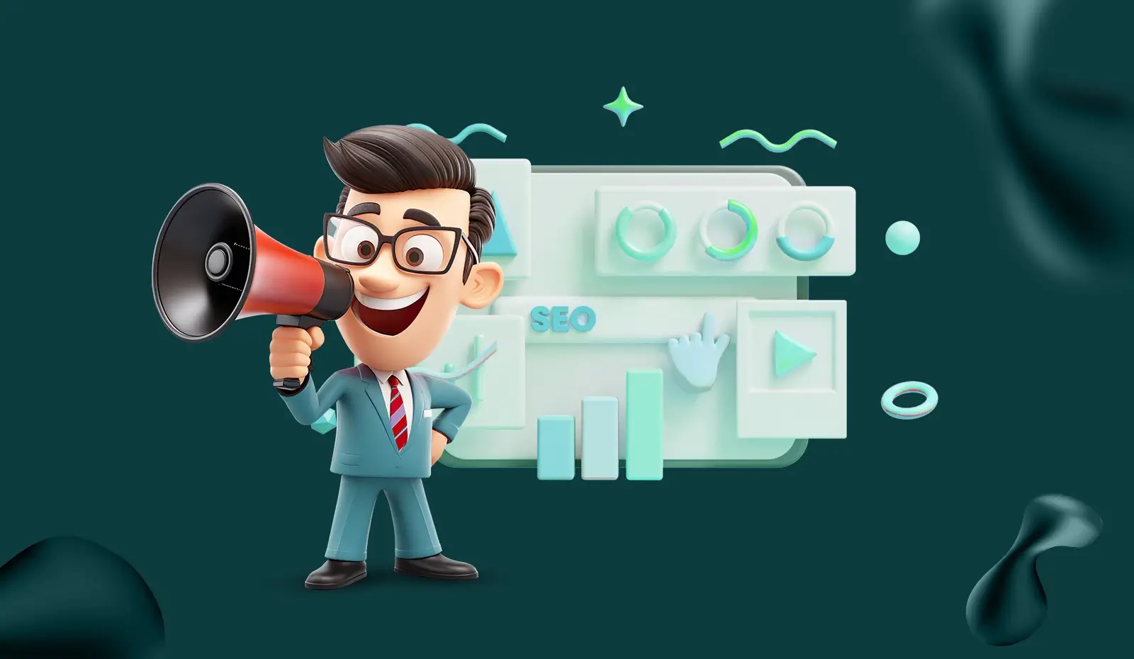 Illustration of SEO marketing with character and charts.