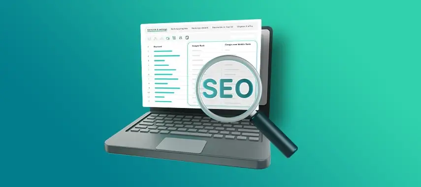 Illustration of SEO optimization with laptop and magnifier.