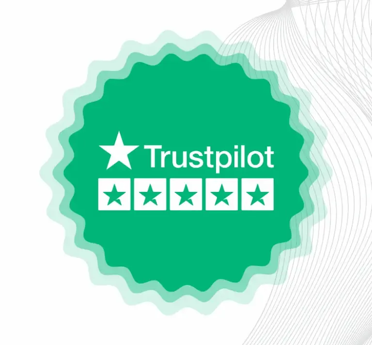 Green Trustpilot badge with five stars and wavy background.