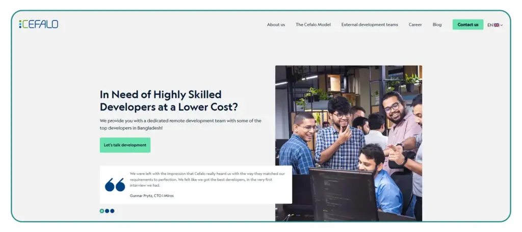 Screenshot of Cefalo homepage offering highly skilled developers at lower cost with remote teams from Bangladesh and testimonial.