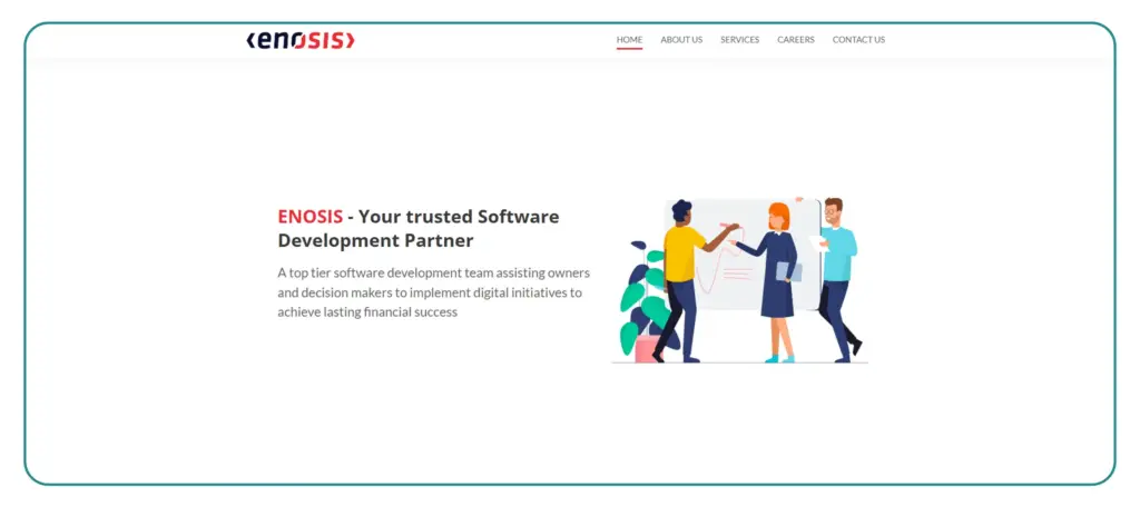 Enosis homepage screenshot as trusted software development partner for digital initiatives and financial success.