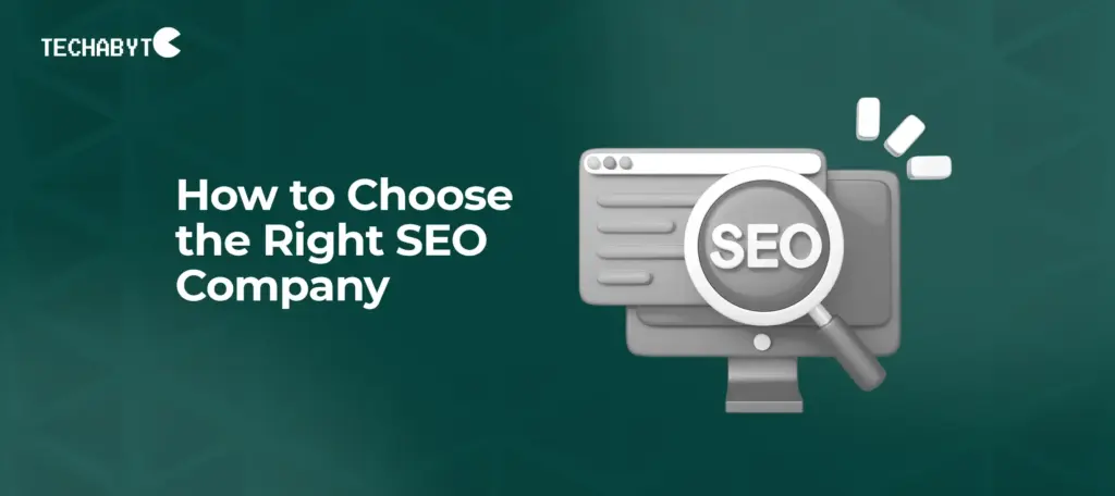 Guide on how to choose the right SEO company, featuring a computer with SEO magnifying glass icon for effective search optimization.