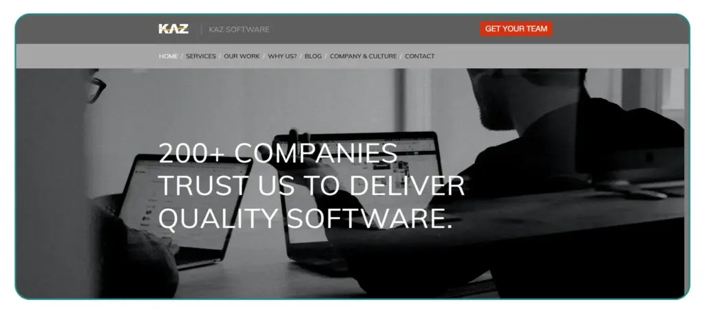 Screenshot of KAZ Software homepage showing 200+ companies trust us for quality software delivery.