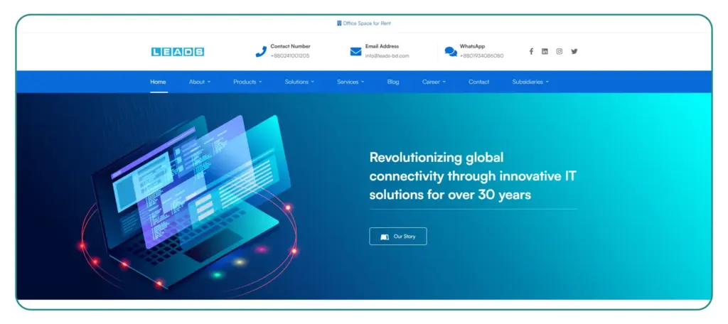 Screenshot of Leads homepage revolutionizing global IT connectivity through innovative solutions for over 30 years.
