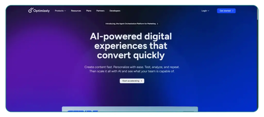 Screenshot of Optimizely homepage showcasing AI-powered digital experiences that convert quickly for marketing.