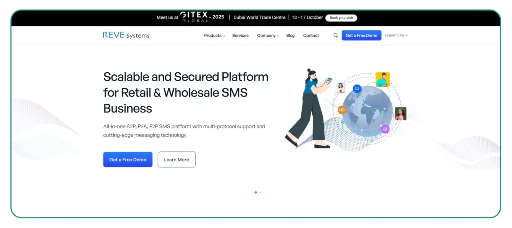 Screenshot of REVE Systems homepage for scalable secured SMS platform for retail and wholesale business with A2P, P2P, P2P SMS.