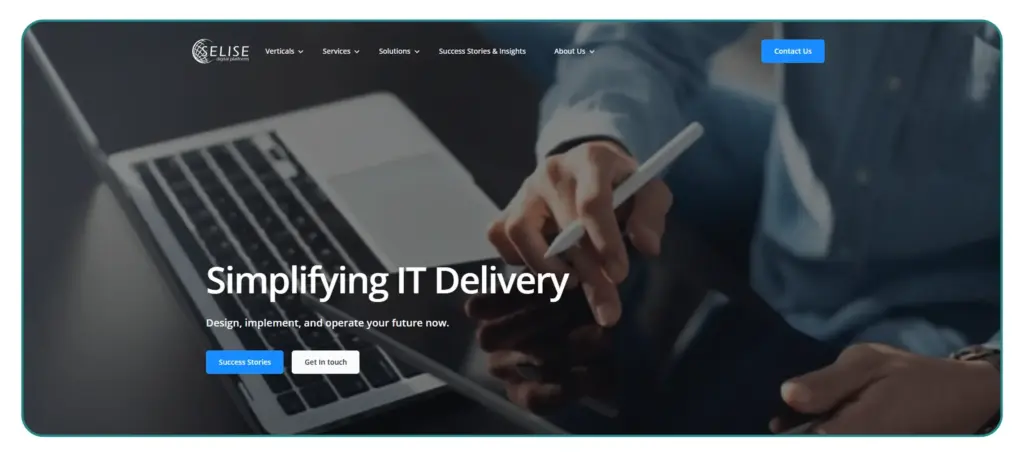 Screenshot of Slise digital platform homepage featuring simplifying IT delivery with design, implement, operate solutions.