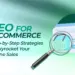 Step-by-step SEO strategies for e-commerce to skyrocket online sales with magnifying glass and cart.