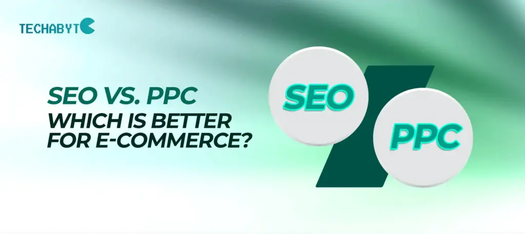 Comparison of SEO vs PPC for e-commerce success with icons and question.
