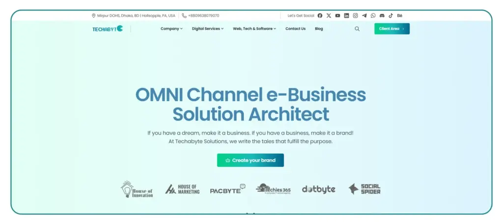 Screenshot of Techabyte homepage showcasing digital solutions, services, and team expertise with teal background.