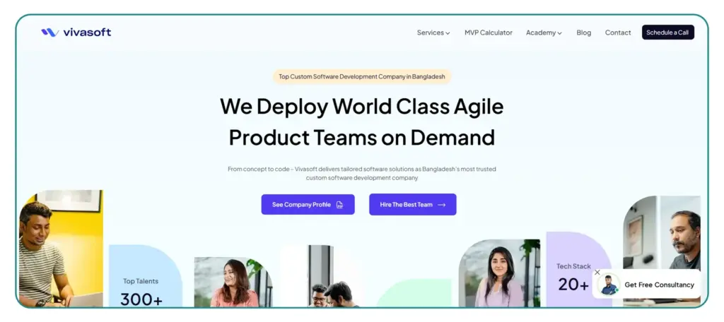 Screenshot of Vivassoft homepage offering world-class agile product teams on demand for custom software development in Bangladesh.