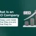 Infographic exploring what an SEO company is, their role, and services, featuring SEO graph and magnifying glass icons.