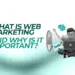Illustration explaining what is web marketing and its importance with SEO, PPC, SMM icons and character on laptop.