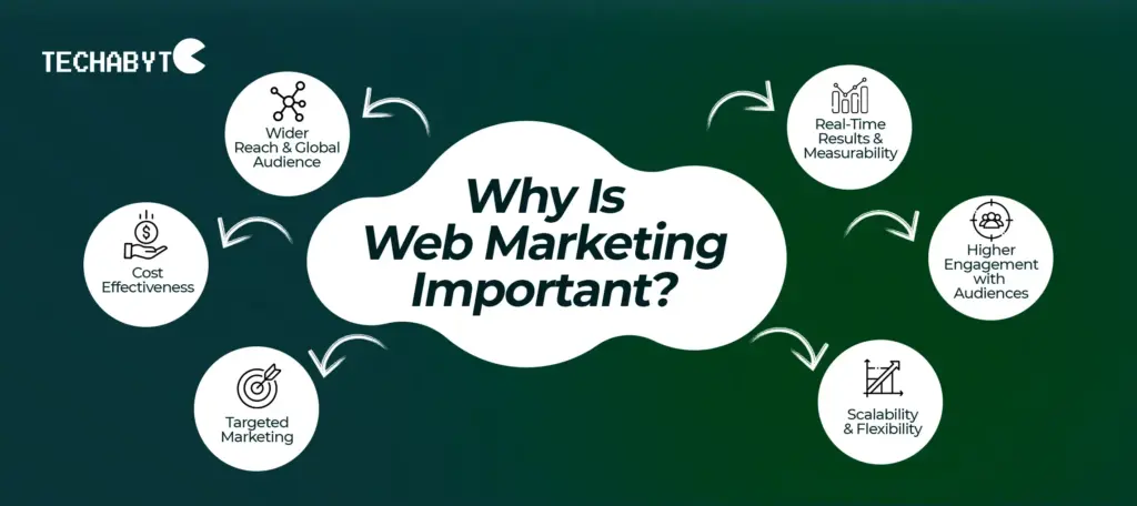 Infographic on why web marketing is important with benefits like wider reach, cost effectiveness, and real-time results.