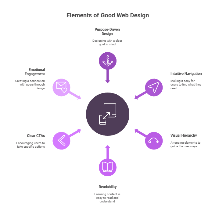 Infographic: 6 key elements of good web design – purpose, navigation, readability, CTAs, hierarchy, engagement.