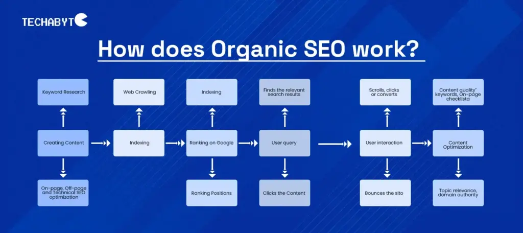 Techabyte infographic explaining “How does Organic SEO work?” with a detailed step-by-step flowchart.