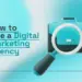 How to Hire a Digital Marketing Agency – Techabyte step-by-step guide with magnifying glass briefcase icon.