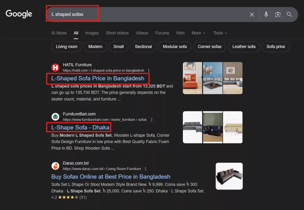 Google search results for "L shaped sofas" showing prices in Bangladesh from 13,325 BDT, HATIL, FurnitureBari, Daraz.