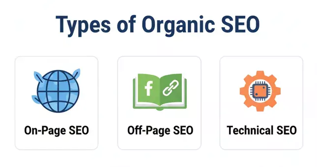 Types of organic SEO: On-Page, Off-Page, and Technical SEO illustrated with icons.