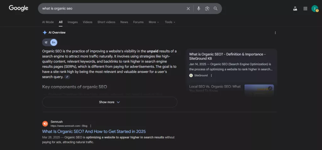 Google search results for "what is organic seo" with AI Overview, key components, and top-ranking articles.