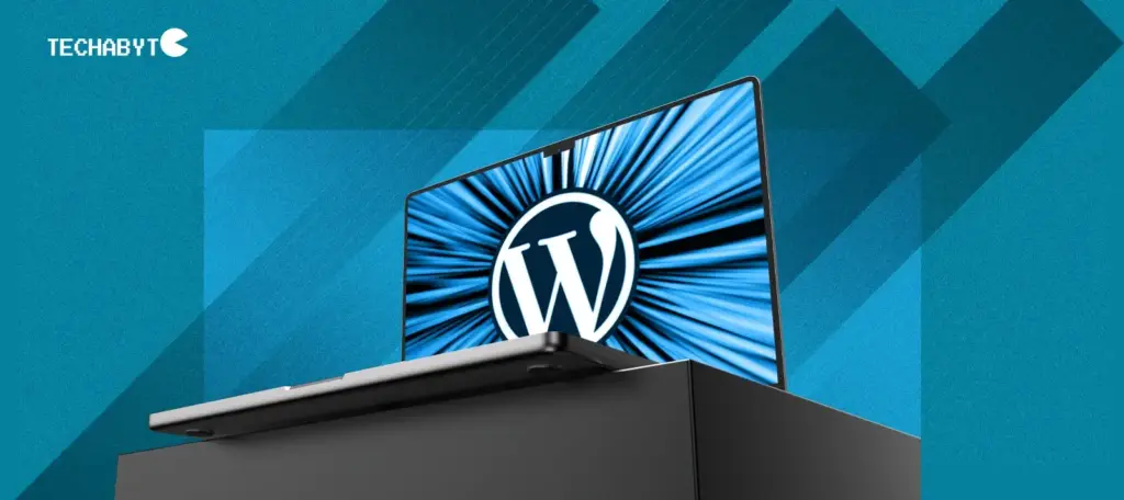 Dynamic laptop display featuring official WordPress 'W' logo with blue rays
