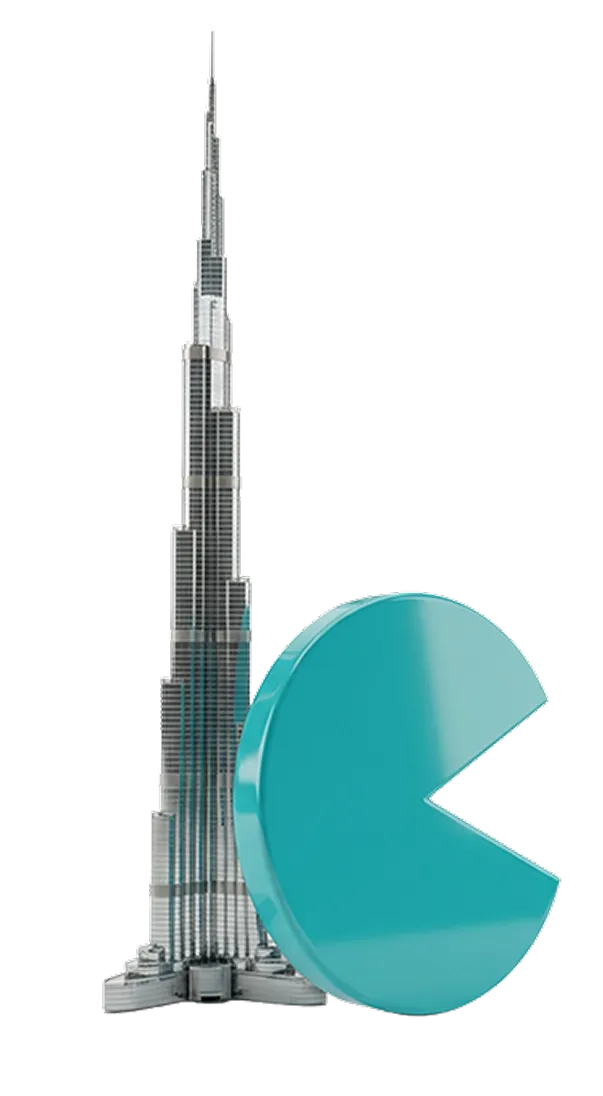 Teal Pac-Man character towering next to Burj Khalifa – symbolizing dominant SEO success and top rankings in Dubai by Techabyte