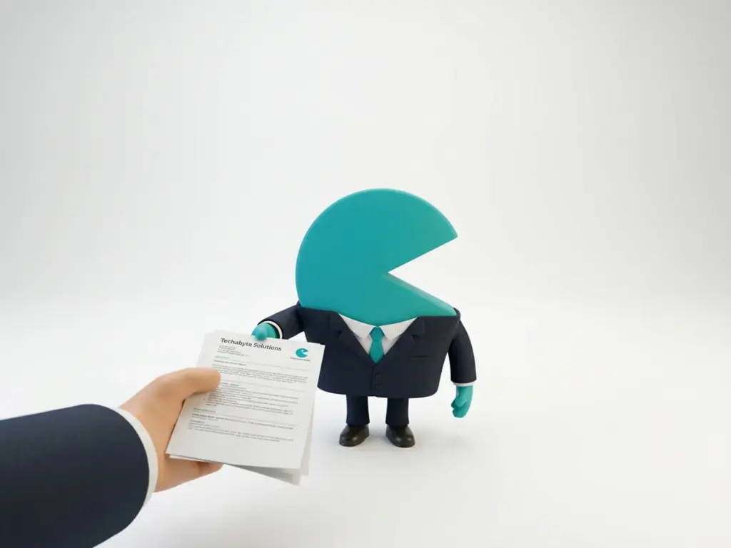 Teal Pac-Man character in business suit presenting Techabyt Solutions proposal – representing professional SEO services consultation in Dubai by Techabyte