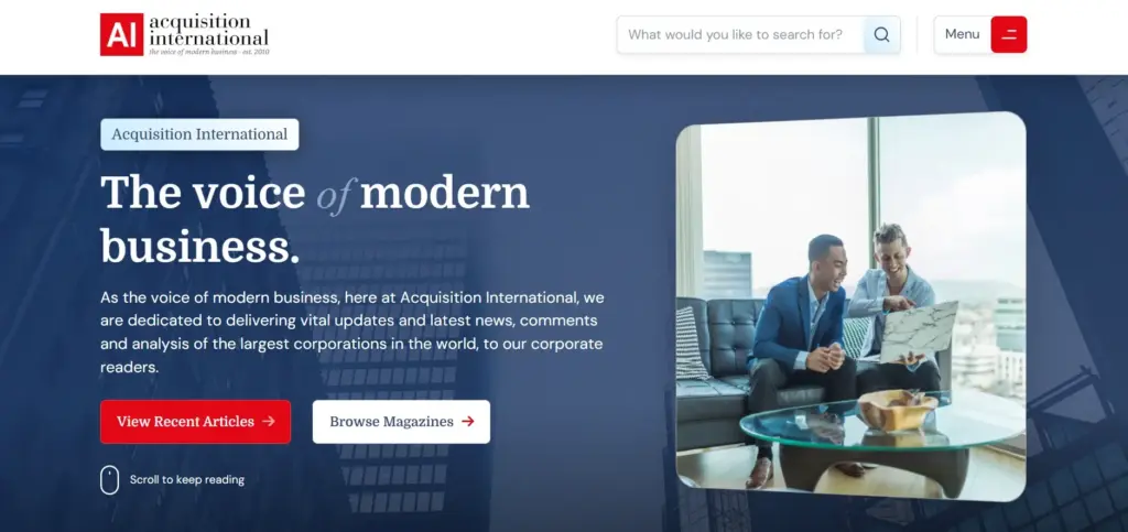 Acquisition International homepage – the voice of modern business featuring professionals discussing on tablet in luxury office setting