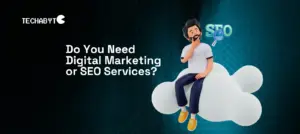 Do you need digital marketing or SEO services? – 3D bearded man thinking on cloud with SEO magnifying glass and Techabyte branding