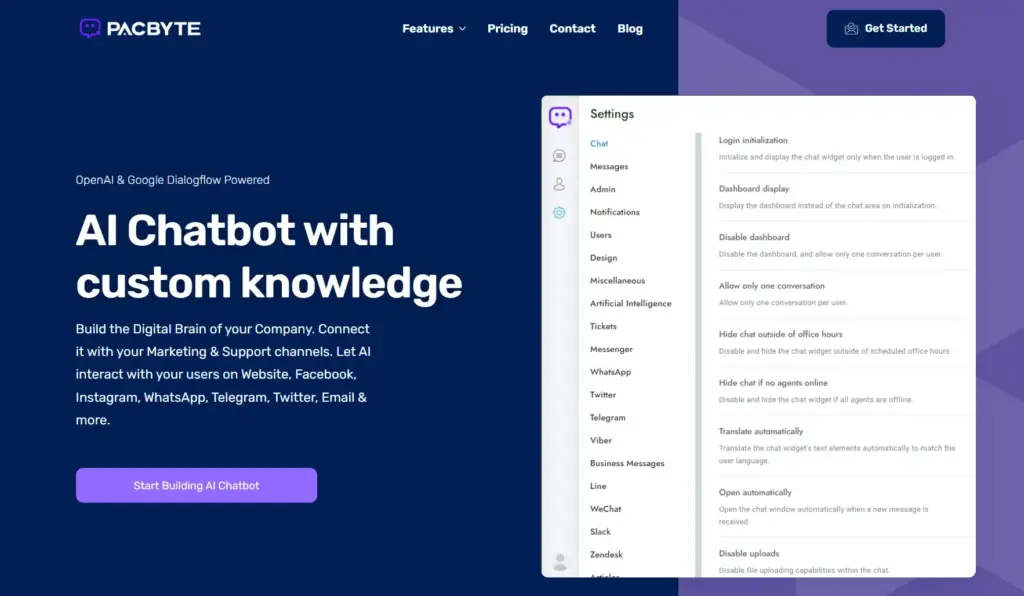 PACBYTE AI Chatbot dashboard – custom knowledge settings and integrations for website, Facebook, WhatsApp, Telegram and more