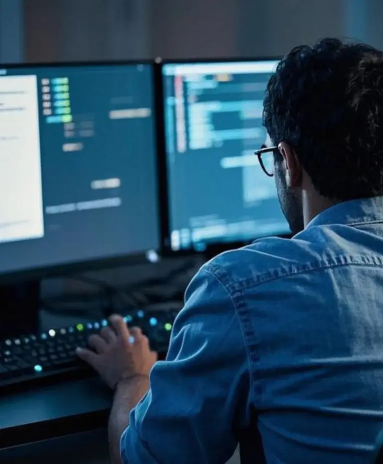 Professional web developer working on dual monitors with code and design interface – expert website design and development services