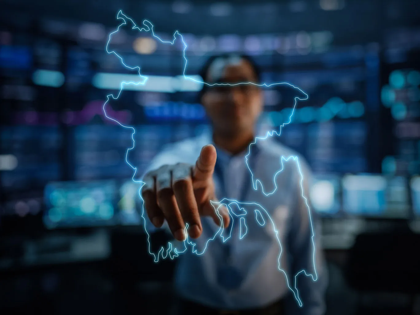 Business professional interacting with futuristic holographic map of Bangladesh – representing advanced website design, digital innovation and development services