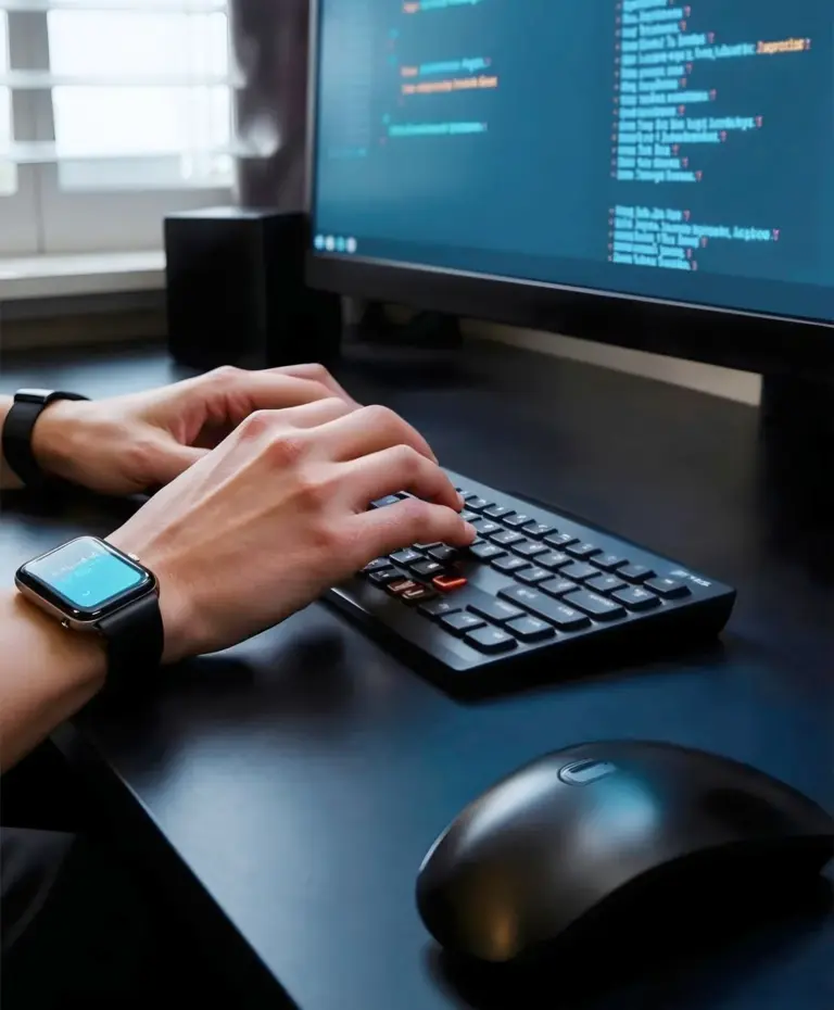 Professional web developer coding on dual monitors with dark theme code editor – premium website design and development services