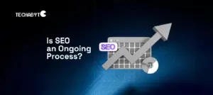 Is SEO an ongoing process? – 3D browser window with SEO label, upward arrow graph and pie chart on dark tech grid background by Techabyte