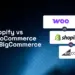 Shopify vs WooCommerce vs BigCommerce comparison – premium dark tech grid background with glowing platform logos and vs badges for eCommerce platform guide