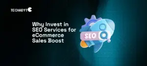 Why invest in SEO services for eCommerce sales boost – 3D rocket with SEO branding launching on tech grid by Techabyte