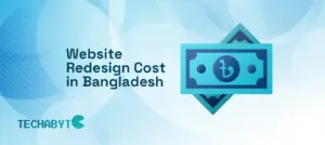 Website redesign cost in Bangladesh – modern blue money icon with Techabyte logo on abstract background